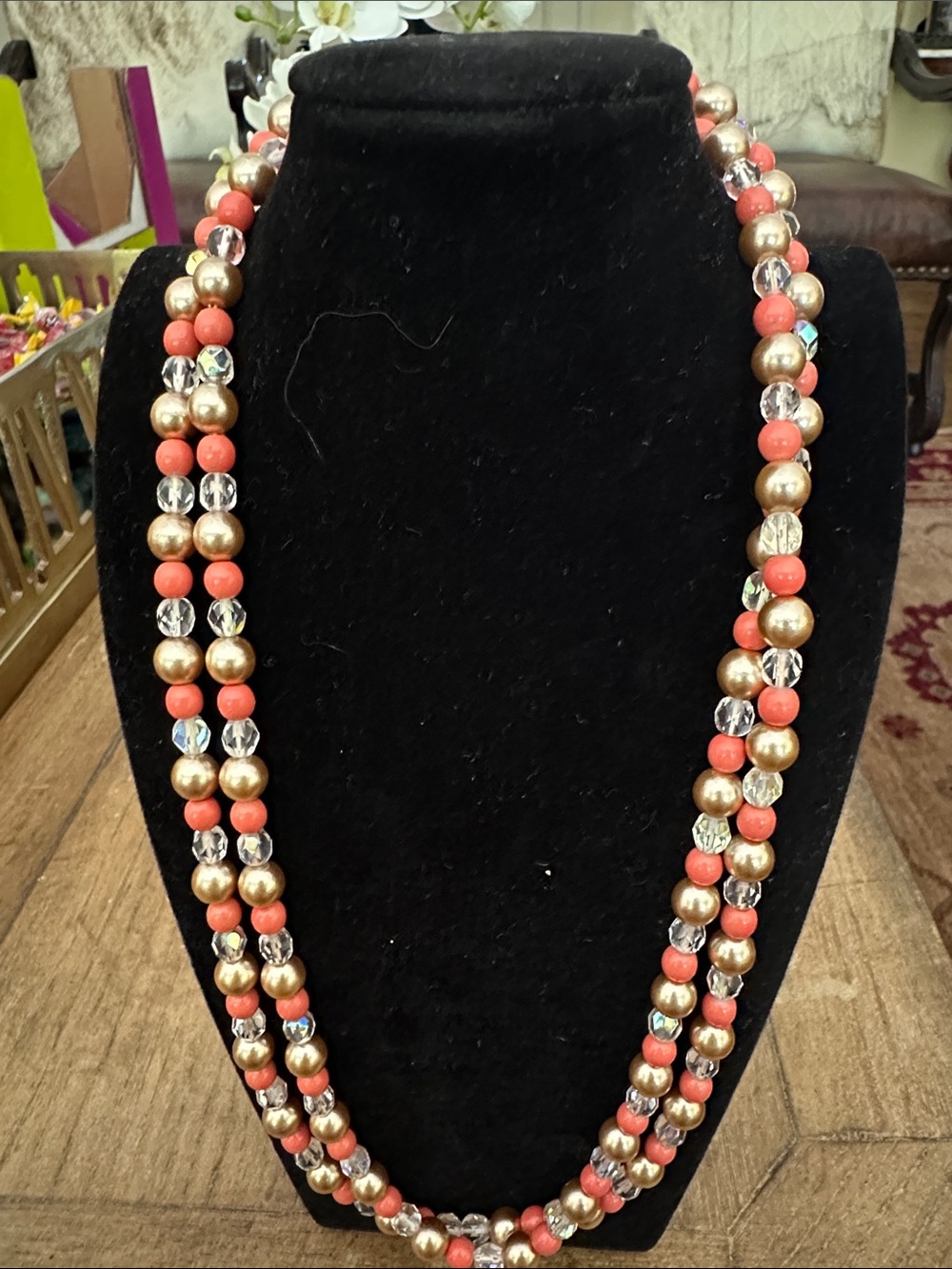 Double Strand Coral and Gold Bead Necklace with Clear Accents